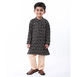 Babyhug Woven Full Sleeves Floral Sequine  Embroidered Kurta Pyjama Set - Black