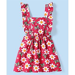 Babyhug Cotton Knit Frock & Half Sleeves Inner Tee With Floral & Polka Dot Print - Maroon & Mustard