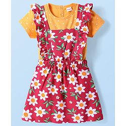 Babyhug Cotton Knit Frock & Half Sleeves Inner Tee With Floral & Polka Dot Print - Maroon & Mustard