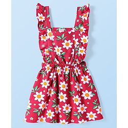 Babyhug Cotton Knit Frock & Half Sleeves Inner Tee With Floral & Polka Dot Print - Maroon & Mustard