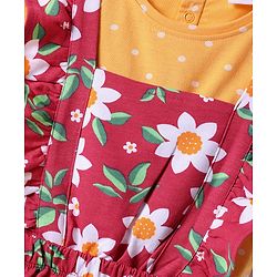 Babyhug Cotton Knit Frock & Half Sleeves Inner Tee With Floral & Polka Dot Print - Maroon & Mustard