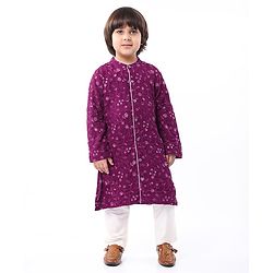 Babyhug Woven Full Sleeves Floral Sequin Embroidered Kurta Pyjama Set - Wine