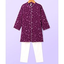 Babyhug Woven Full Sleeves Floral Sequin Embroidered Kurta Pyjama Set - Wine