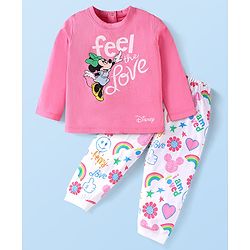 Babyhug Disney Single Jersey Knit Full Sleeves Night Suit With Minnie Mouse Graphics - Pink & White