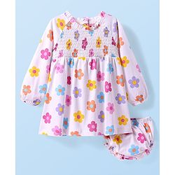 Babyhug Cotton Knit Full Raglan Sleeves Floral Printed Frock with Bloomer & Smocking Detailing - Pink