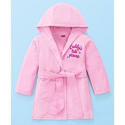 Babyhug Terry Knit Full Sleeve Hooded Bathrobe With Elastic At Waist & Text Embroidery - Pink