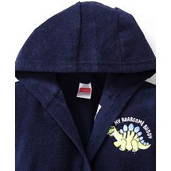 Babyhug Terry Knit Full Sleeve Hooded Bathrobe with Elastic at Waist & Dino Patch - Navy Blue