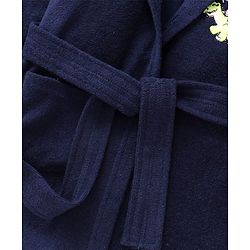 Babyhug Terry Knit Full Sleeve Hooded Bathrobe with Elastic at Waist & Dino Patch - Navy Blue