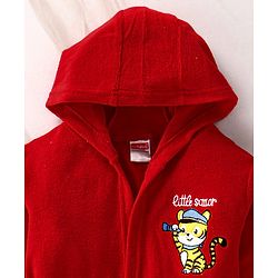 Babyhug Terry Knit Full Sleeve Hooded Bathrobe With Elastic At Waist & Animal Embroidery - Red