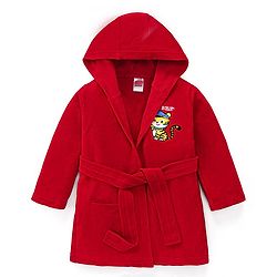 Babyhug Terry Knit Full Sleeve Hooded Bathrobe With Elastic At Waist & Animal Embroidery - Red