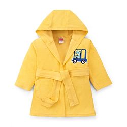 Babyhug Terry Knit Full Sleeve Hooded Bathrobe With Elastic At Waist & Dino Embroidery - Yellow