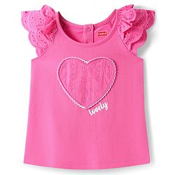 Babyhug Cotton Knit Frill Sleeves T-Shirt with Heart Lace Detailing & Text Print - Dark Pink