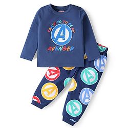 Babyhug Marvel Single Jersey Knit Full Sleeves Night Suit with Avengers Graphics - Navy Blue