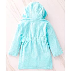 Babyhug Terry Knit Full Sleeve Hooded Bathrobe With Elastic At Waist & Animal Embroidery - Blue