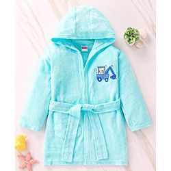 Babyhug Terry Knit Full Sleeve Hooded Bathrobe With Elastic At Waist & Animal Embroidery - Blue