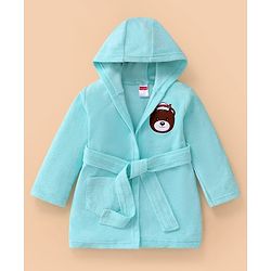 Babyhug Terry Knit Full Sleeve Hooded Bathrobe With Elastic At Waist & Animal Embroidery - Blue