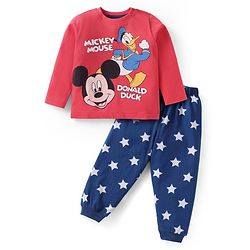 Babyhug Disney Single Jersey Knit Full Sleeves Night Suit with Mickey Mouse & Friends Graphics - Navy Blue & Red