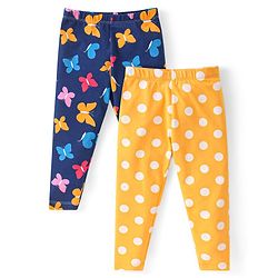 Babyhug Cotton Lycra Knit Full Length Leggings With Butterfly & Polka Dot Print Pack Of 2 - Blue & Yellow