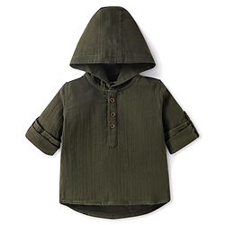 Babyhug Cotton Woven Full Sleeves Hooded Shirt - Olive Green