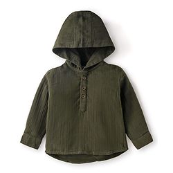 Babyhug Cotton Woven Full Sleeves Hooded Shirt - Olive Green