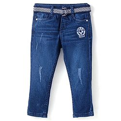 Babyhug Denim Full Length Washed Jeans & Belt With Stretch & Sport Badge - Blue
