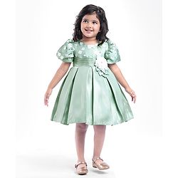 Babyhug Puffed Sleeves Party Wear Dress With Floral Printed Yoke & Flower Applique - Mint