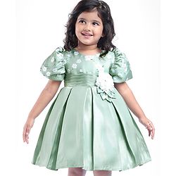 Babyhug Puffed Sleeves Party Wear Dress With Floral Printed Yoke & Flower Applique - Mint