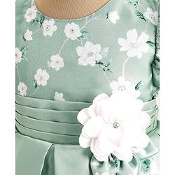 Babyhug Puffed Sleeves Party Wear Dress With Floral Printed Yoke & Flower Applique - Mint
