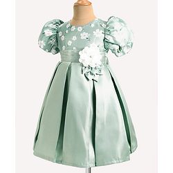 Babyhug Puffed Sleeves Party Wear Dress With Floral Printed Yoke & Flower Applique - Mint