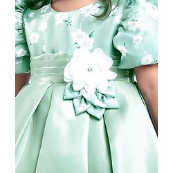 Babyhug Puffed Sleeves Party Wear Dress With Floral Printed Yoke & Flower Applique - Mint
