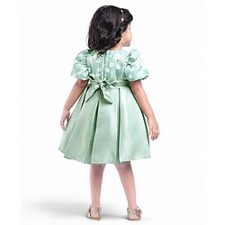Babyhug Puffed Sleeves Party Wear Dress With Floral Printed Yoke & Flower Applique - Mint