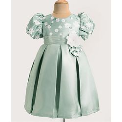 Babyhug Puffed Sleeves Party Wear Dress With Floral Printed Yoke & Flower Applique - Mint