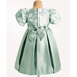 Babyhug Puffed Sleeves Party Wear Dress With Floral Printed Yoke & Flower Applique - Mint