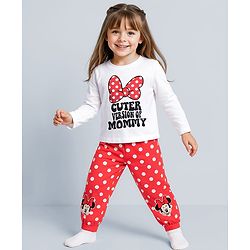 Babyhug Disney Single Jersey Knit Full Sleeves Night Suit with Minnie Mouse Graphic - White & Red