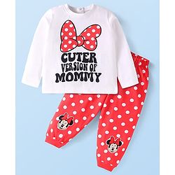 Babyhug Disney Single Jersey Knit Full Sleeves Night Suit with Minnie Mouse Graphic - White & Red