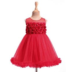 Babyhug Woven Sleeveless Mesh Party Dress with Floral Applique & Shimmer Detailing - Red