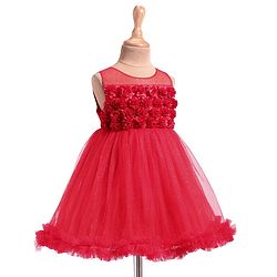 Babyhug Woven Sleeveless Mesh Party Dress with Floral Applique & Shimmer Detailing - Red