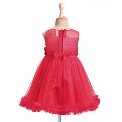 Babyhug Woven Sleeveless Mesh Party Dress with Floral Applique & Shimmer Detailing - Red