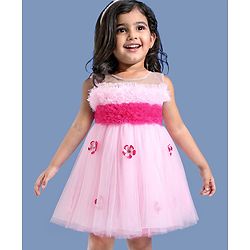 Babyhug Woven Sleeveless Mesh Party Dress with Ruffle Yoke & Floral Applique - Pink