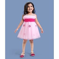 Babyhug Woven Sleeveless Mesh Party Dress with Ruffle Yoke & Floral Applique - Pink