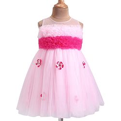 Babyhug Woven Sleeveless Mesh Party Dress with Ruffle Yoke & Floral Applique - Pink