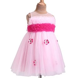 Babyhug Woven Sleeveless Mesh Party Dress with Ruffle Yoke & Floral Applique - Pink