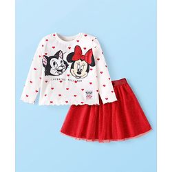 Babyhug Disney Single Jersey Knit Full Sleeves Top & Mesh Skirt Set With Minnie Mouse Graphics & Badge Detailing - White & Red