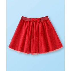 Babyhug Disney Single Jersey Knit Full Sleeves Top & Mesh Skirt Set With Minnie Mouse Graphics & Badge Detailing - White & Red