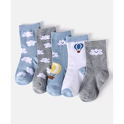Cute Walk by Babyhug Cotton Knit Anti-Bacterial Ankle Length Cloud & Parachute Designed Socks Pack of 5 - Light Blue Grey & White