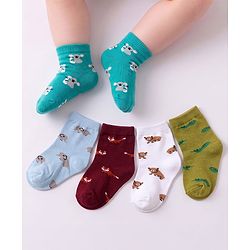 Cute Walk By Babyhug Cotton Knit Anti-Bacterial Ankle Length Elephant & Animal Designed Socks Pack Of 5 - Red Green & White