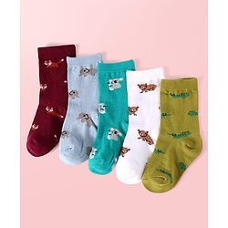 Cute Walk By Babyhug Cotton Knit Anti-Bacterial Ankle Length Elephant & Animal Designed Socks Pack Of 5 - Red Green & White