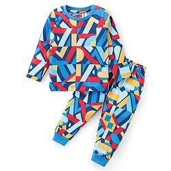 Babyhug Cotton Knit Full Sleeves Printed Night Suit - Navy