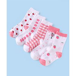 Cutewalk by Babyhug Non Terry Knit Anti-bacterial Ankle Length Socks with Floral & Fruits Design Pack of 5 - White & Pink