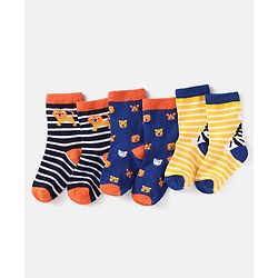 Cute Walk by Babyhug Knit Ankle Length Striped Socks With Animal Design Pack of 3 - Black Blue & Yellow
